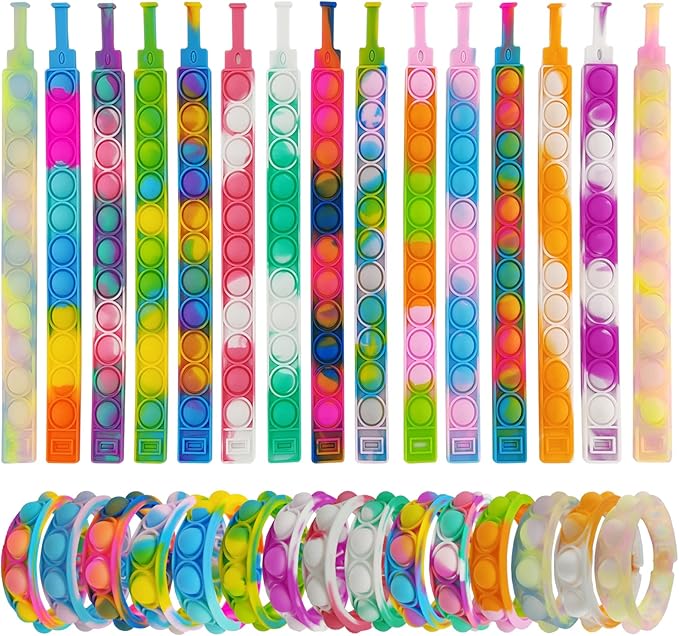 30 Pcs Pop Bracelet Bubble Fidget Toys for Party Favors, Hand Finger Silicone Wristband Bulk for Student Classroom Prizes, Goodie Bag Fillers Stuffers Birthday Christmas Valentine Gifts for Kid