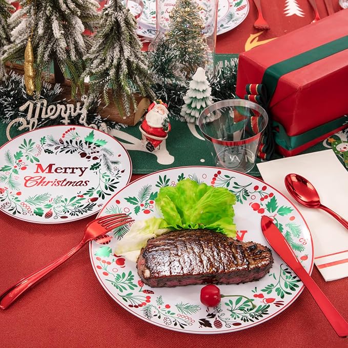 bUCLA 175PCS Christmas Plates Dinnerware Set - Green and Red Christmas Plastic Plates and Napkins Disposable Include 25 Dinner Plates,25 Dessert Plates,75 Cutlery,25 Cups&25 Napkins