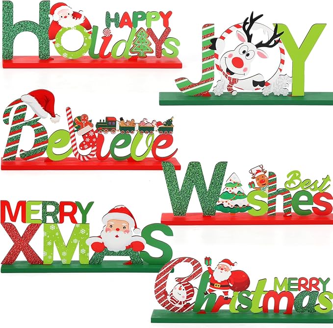 Hommtina 6 Pcs Table Decorations, Merry Tabletop Wooden Sign Indoor Decorations for Dinner Party Coffee Table