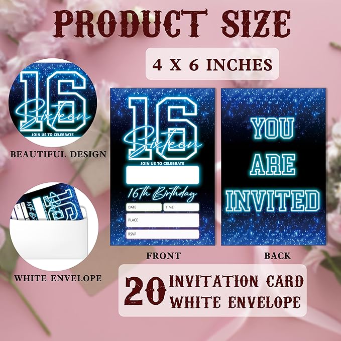 SIXEIGHT Blue 16th Birthday Invitations for Boys, Neon Glow Party Invitations for Girls Kids, 20 Pack Double Sided Invite Cards with Envelopes, 16th Glow Neon Birthday Party Decorations, 4x6 Inch-C49