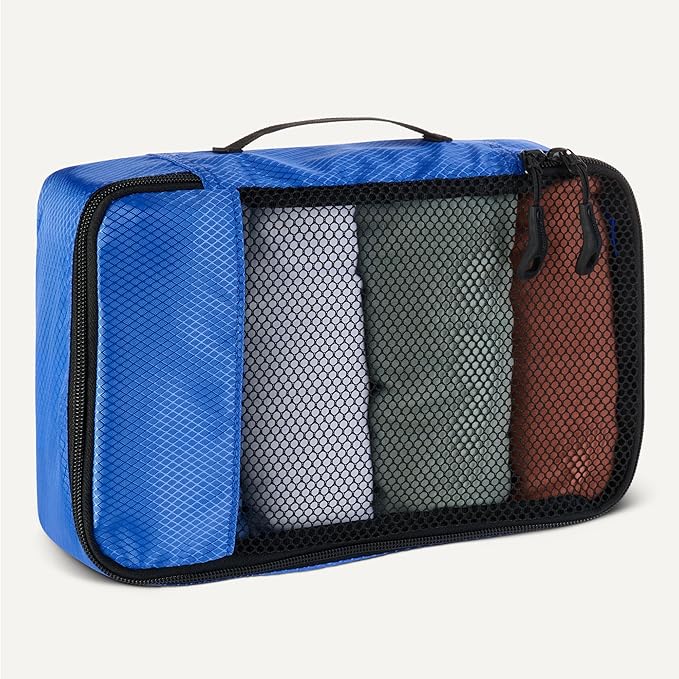 Amazon Essentials 4-Piece Packing Cubes Travel Accessories Set, Space-Saving Luggage Organizers with Double Zipper, Mesh Top, Small/Medium/Large/Slim, Blue (Previously Amazon Basics)