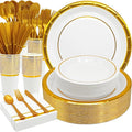AIRE 175PCS White Gold Paper Plates Party Supplies Dinnerware Sets for 25 Guests, Disposable Paper Party Plates, Cups and Napkins, Gold Plastic Forks Knives Spoons for Wedding Birthday BBQ Parties