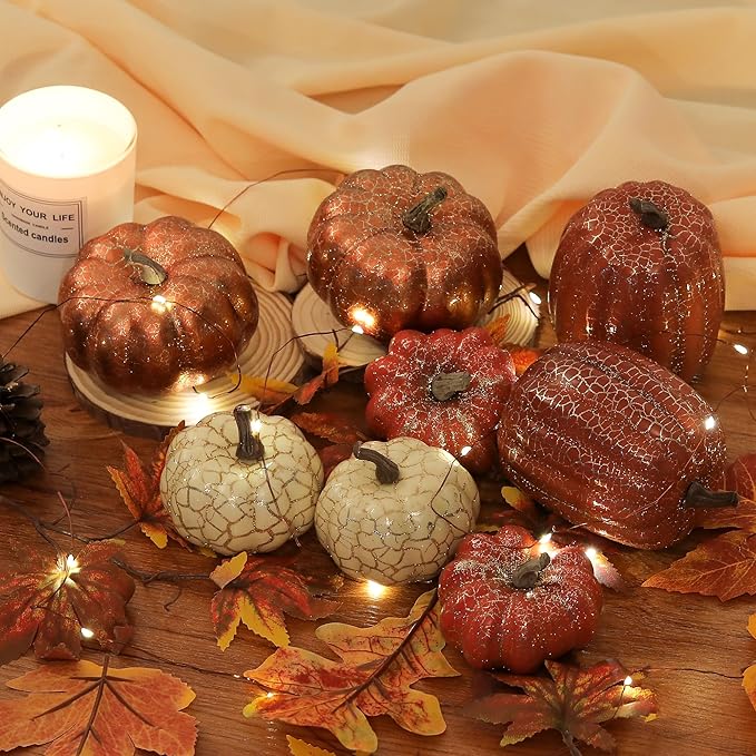 Artgar Pumpkin Decor, 8 PCS Halloween Pumpkin, Metal Cracked Design Foam Pumpkins for Halloween Thanksgiving Fall Home Table Indoor Outdoor Decorations