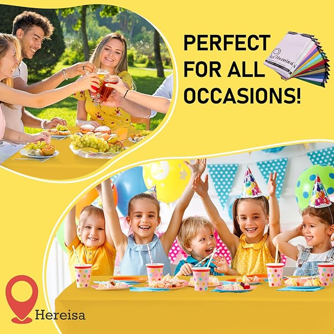 Yellow Plastic Tablecloths 2 Pack Solid Disposable Table 54 x 108 Inch Bridal Party Tablecovers PEVA Table Cloths for Picnic Birthday Wedding Banquet Parties 8 ft Rectangle Table Use