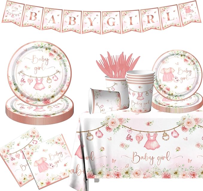 Rose Gold Baby Shower Tableware Set,Pink Girl Baby Shower Plates and Napkins Sets Include Baby Shower Plates Napkins Cups Floral Baby Girl Tablecloth for Girl Baby Shower Gender Reveal Party Supplies