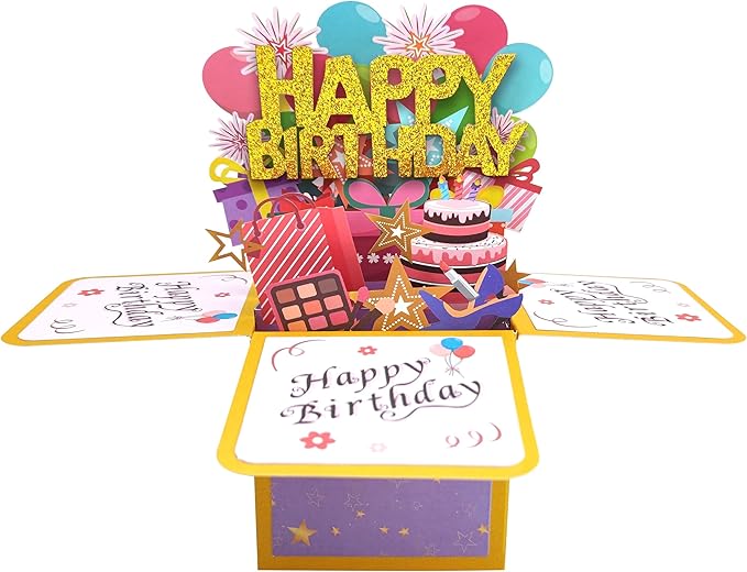Funny Happy Birthday Pop Up Card, Sweet 3D Birthday Gift Box for Adults and Kids with Envelopes, Unique Handmade Foldable Celebration Cards for Daughter, Son, Mom, Dad, Friend