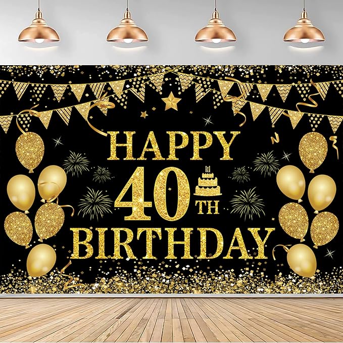 40th Birthday Decorations for Men Women - Happy 40th Birthday Banner Decorations Cheers to 40 Years Birthday Party Suppiles Black Gold Backdrop for 40th Birthday Party Favors Decor (71 x 45 inch)