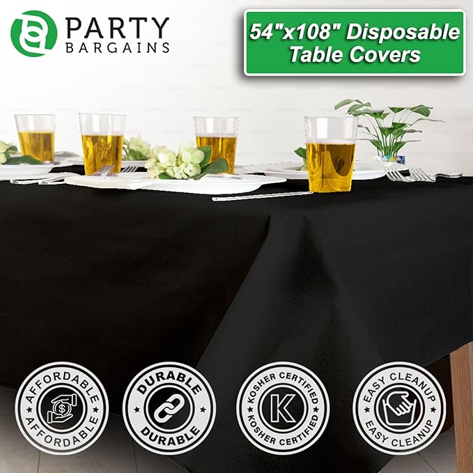 PARTY BARGAINS Disposable Table Covers, 54 x 108 Inch, Black, 3-Ply Paper & Plastic Spill-Resistant Party Tablecloths, 5 Pack