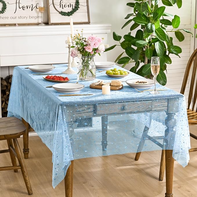 Horaldaily Light Blue Gold Sparkling Star Gauze Tablecloth 60x120 Inch Rectangular, Blue Star Sequin Glitter Metallic Foil, Sheer Tulle Cheesecloth for Wedding Baby Shower Party