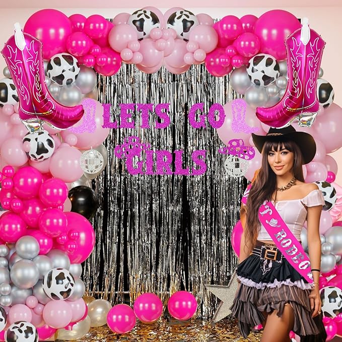 Cowgirl Balloons Arch Garland Kit For Last Rodeo Bachelorette Sash Supply Birthday Party Decorations,Hot Pink Rose Red Silver Cow Print Cowgirl Boot Disco Ball Balloon,Let’S Go Girl Banner Backdrop