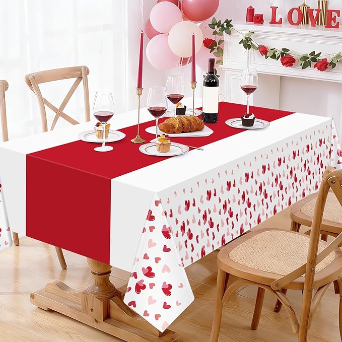 2 Pcs Valentines Plastic Tablecloth 108x54 Inch Love Heart Disposable Table Cloth Red White Rectangle Table Cover for Valentines Day Anniversary Engagement Party Decorations Supplies
