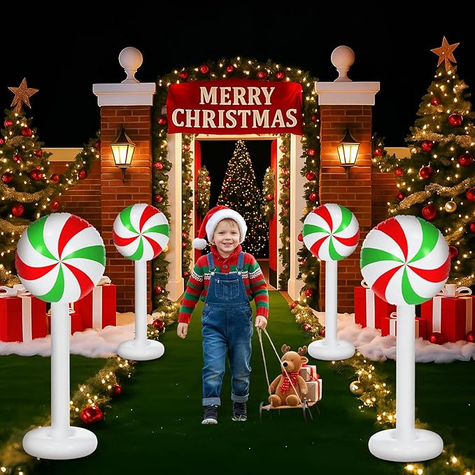 2 Pcs Christmas Inflatable Outdoor Decorations 4 FT Christmas Candy Inflatable Column Decoration for Winter Xmas Lawn Yard Garden Home Decor