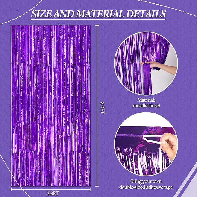 3 Pack Foil Fringe Backdrop - Purple Shiny Tinsel Curtains for Party Decoration/Photo Booth Props - 3.3x8.2 FT Metallic Foil Backdrop for Birthday, Wedding, Graduation, Christmas.