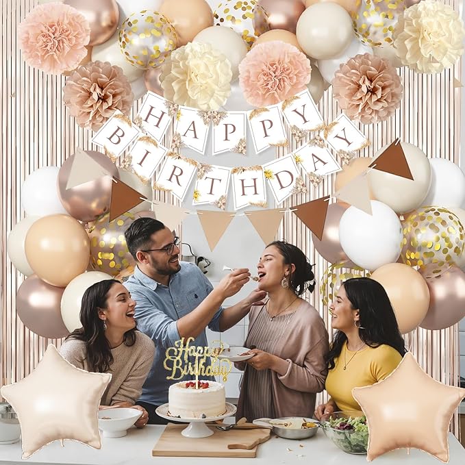 Beige Brown Birthday Decorations for Women, Gold Neutral Cream Sand White Party Balloon Kit with Boho Happy Birthday Banner Fringe Curtain Background Pom Pom Cake Topper for Boy Girl Men Bday Supplies