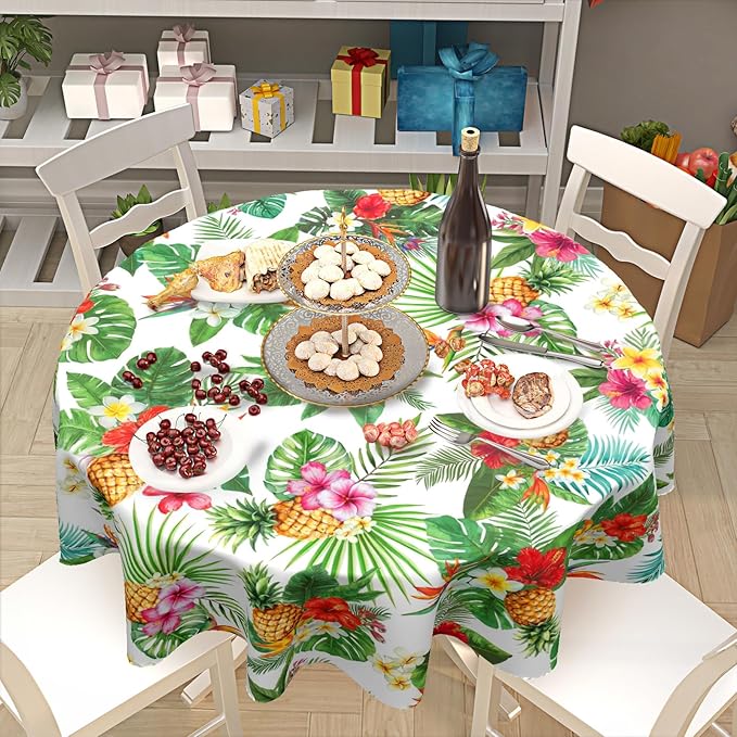 Summer Tropical Pineapple Round Tablecloth 60 Inch Green Hawaiian Palm Leaf Circle Table Cloth Floral Table Cover Washable Polyester Decorations for Kitchen Dinning Room Party
