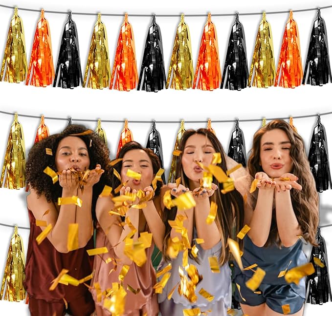 3P Orange Gold Black Metallic Fringe Tassel Banner Garland Foil Tinsel Streamer Wall Hanging Curtain Backdrop Banner for Parade Floats, Graduation Decorations, Halloween, Christmas Decorations