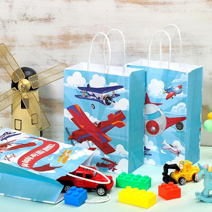 Outus 24 Pcs Airplane Party Favor Bags Paper Airplane Goodie Bags Plain Gift Pouch‌ Blue Aircraft Candy Treat Pouch‌ with Handles for Birthday Party Decorations Supplies