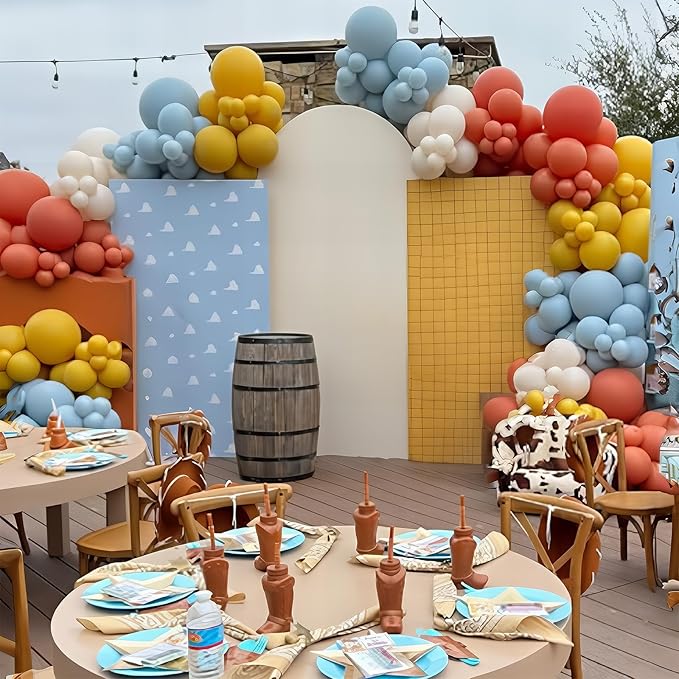 Toy Kids Balloons Arch Kit, Burnt Orange Blue Mustard Yellow Balloon Garland as It's A Story Boy Baby Shower Decorations, Cow Cloud Print Balloons Nude Balloon for First Birthday Party Supplies