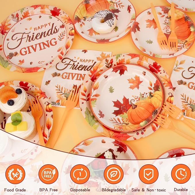 REDWORD Friendsgiving Plates, 98Pcs Friendsgiving Paper Plates-Serve 24 with Friends Giving Banner Fall Pumpkin Tablecloth Napkins for Fall Thanksgiving Friends giving Party Decorations