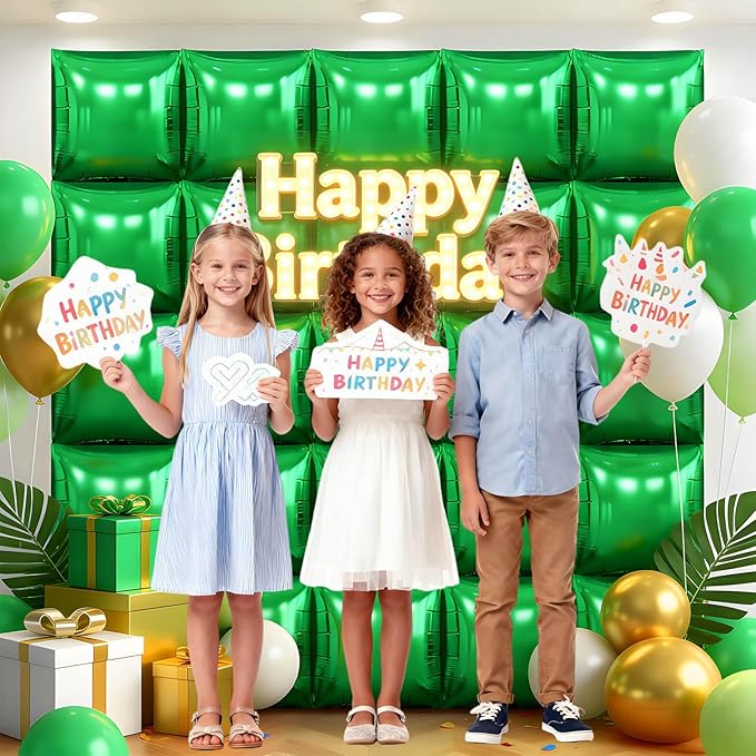 25Pcs Green Square Foil Balloons Wall Backdrop, Double Sided Metallic Foil Balloons Tunnel Arch Garland Kit for Photo Booth Birthday Wedding Graduation Halloween Party Decorations