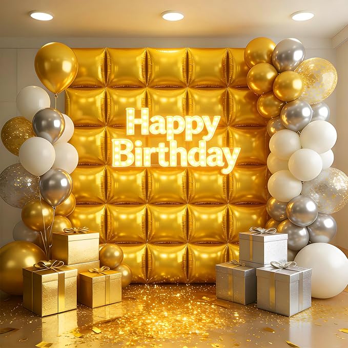 25Pcs Gold Square Foil Balloons Wall Backdrop, Double Sided Metallic Foil Balloons Tunnel Arch Garland Kit for Photo Booth Birthday Wedding Graduation Halloween Party Decorations