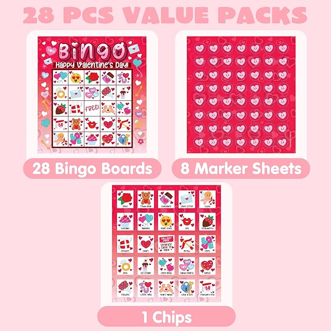 JOYIN 28 Players Valentine's Day Bingo Card for Kids and Adults, for Family/School Classroom Large Group, Party, Treats, Game