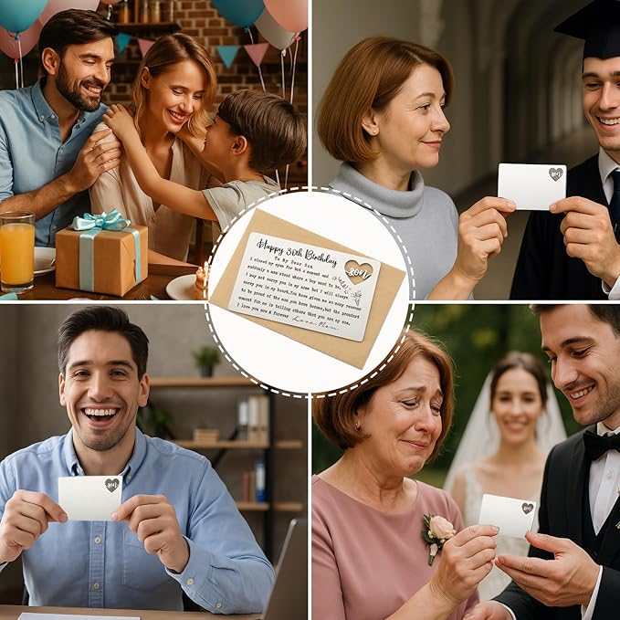 Happy 30th Birthday Wallet Insert for Son from Mom, Stainless Steel Laser-Engraved Postcard with Heart Cutout, Adult Son Birthday Gift, Sentimental Pocket Keepsake for Milestone Celebration QBK11