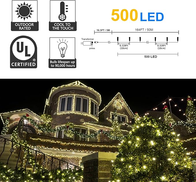 weillsnow 164Ft 500 LED Christmas Lights, Waterproof 8 Twinkle with Memory Functions Christmas Tree Lights for Indoor Outdoor Christmas Tree Garden Decoration (Warm White)