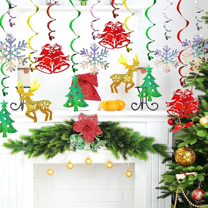 Christmas Hanging Swirls Decorations 30 Pack Sparkle Double Sided Red Green Party Merry Christmas Garland Foil Swirl Hanging Ceiling Ornaments Christmas Party Favors Xmas Holiday Party Decor Supplies