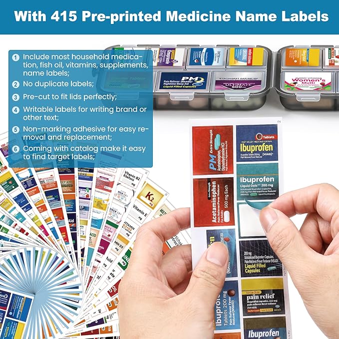 3 Pack 14 Grids Travel Pill Organizer Box with 415-Pcs Medicine Name Labels - Pocket Daily Pharmacy Case Container Kit - Travel Medication Holder Dispenser for Fish Oil Vitamin Supplement - Clear
