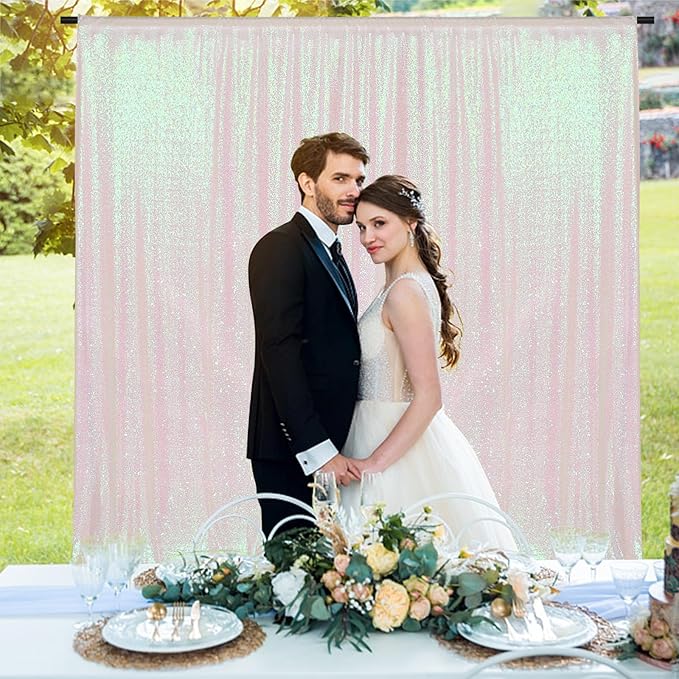 PartyDelight Iridescent White Sequin Backdrop 6x6ft - High Density 3mm Shimmer Sequin Background with 4-Inch Rod Pocket, Sparkly Photography Curtain for Birthday, TikTok & Live Decor