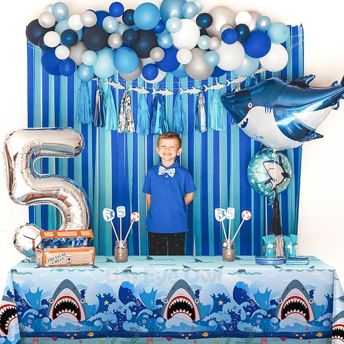 2 Pcs Shark Party Tablecloths Plastic Disposable Birthday Party Table Cloth Rectangle Tablecovers Decorations Blue Boys Shark Theme Party Supplies 54x108 Inch