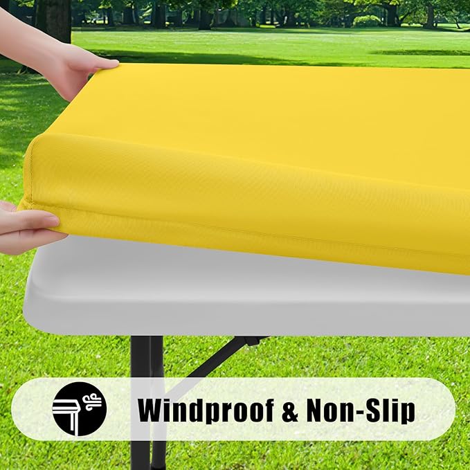 Smiry 2 Pack Rectangle Picnic Table Cloth, Waterproof Elastic Fitted Tablecloths, Washable Polyester Rectangular Patio Table Cover for Camping, Indoor and Outdoor (Yellow, 30"x96")
