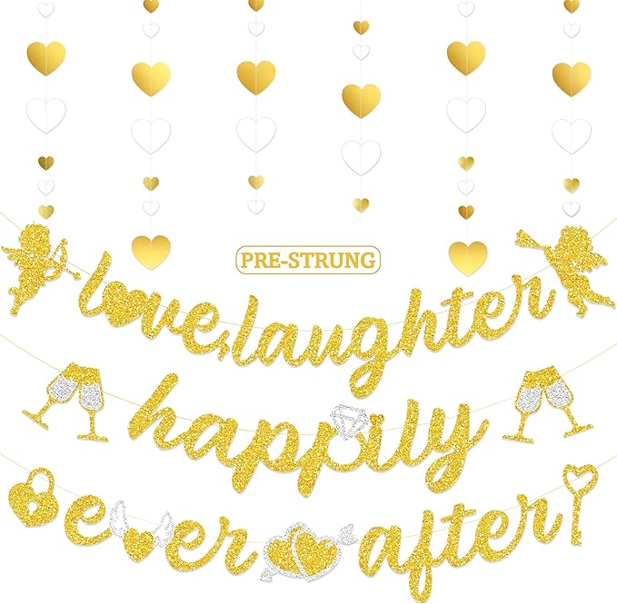 Pre-Strung Glitter Wedding Banner with Heart Garland, Wedding Shower Decorations for Bachelorette Bridal Shower Just Married Engagement Party