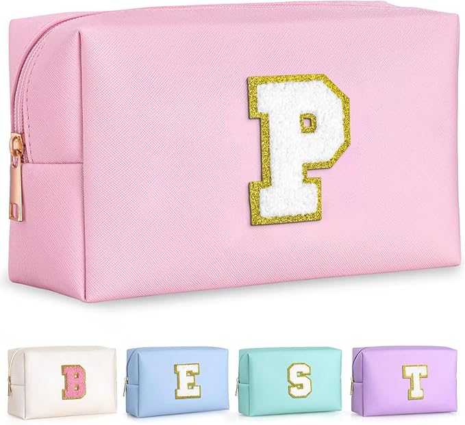 TOPEAST Preppy Pink Glitter Chenille Patch Travel Makeup Bag, 8.3in x 3.5in x 4.9in