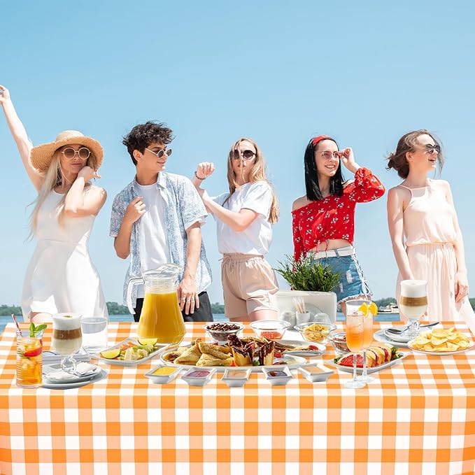 WNINK 3 Pack Orange and White Checkered Rectangular Plastic Tablecloths, Orange Gingham Waterproof Disposable Table Covers 54" x 108" for Birthday, Wedding, Outdoor Picnic Camping Parties