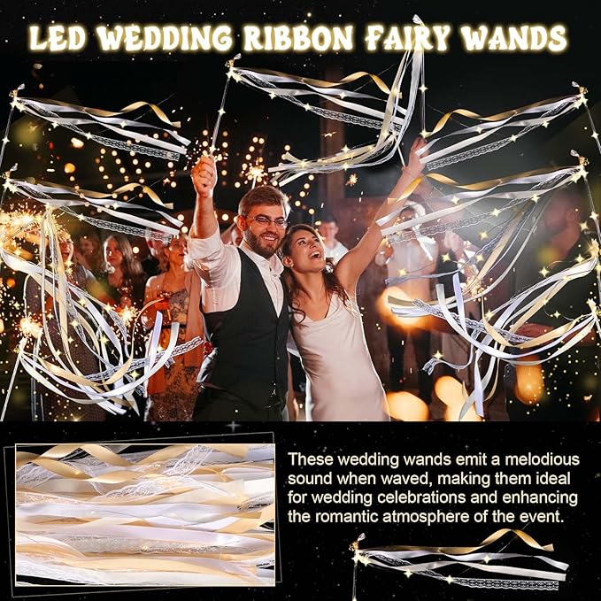 100 Pcs Wedding Wands Ribbon Streamers with 3 Colorful Flashing Modes, Light up LED Silk Fairy Wands, Glow Lace Stick with Bells for Wedding Reception, Graduation, New Year, Birthday Party (Champagne)