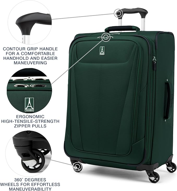 Travelpro Maxlite 5 Softside Expandable Luggage with 4 Spinner Wheels, Lightweight Suitcase, Men and Women, Forest Green, 3-Piece Set (21/25/29)