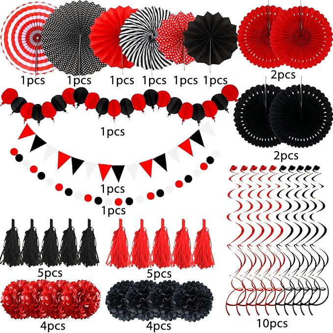 ZERODECO Party Decorations, 41 Pcs Black and Red Papar Fans Pompoms Garlands String Tissue Paper Tassel for Graduation Bridal Baby Shower Wedding Boy Girl Birthday Party