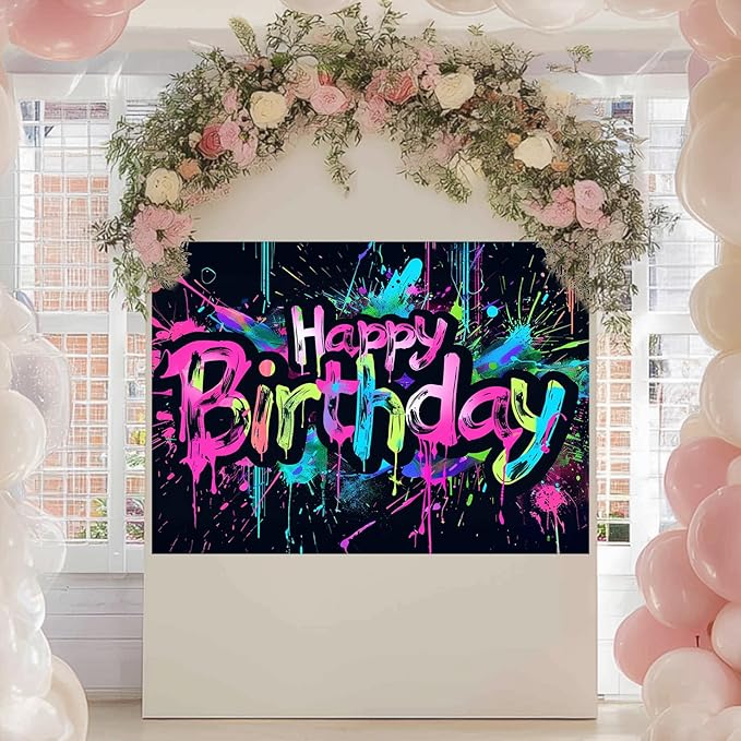 Neon Happy Birthday Banner 96x72 Inch Photography Backdrops Party Background Decorations Colorful Graffiti Splash Paint Kids Birthday Supplies Glow in The Dark