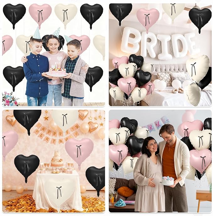Pink and Black Heart Balloons, 10 Pcs Baby Pink Cream Heart Shaped Balloon with Black Bow Ribbon, 18 Inch Pink Sand White Foil Balloons for Brithday Baby Shower Wedding Valentines Party Decoration