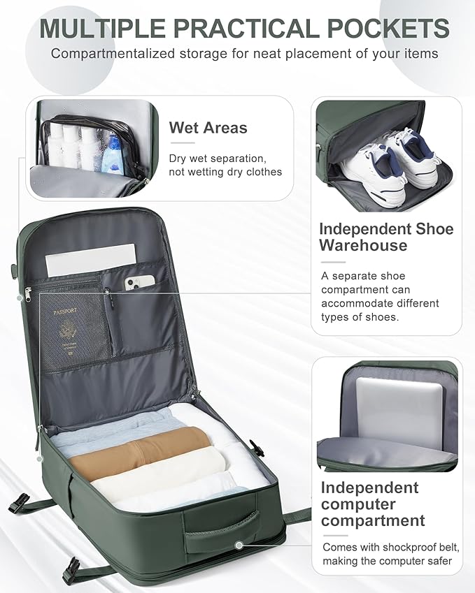 coowoz Large Travel Backpack Carry On for Women Man Waterproof Gym Backpacks Mochila de Viaje Teacher Travel Bag Essentials Personal Item Backpack Rucksack Airplane Accessories Must Haves Olive Green