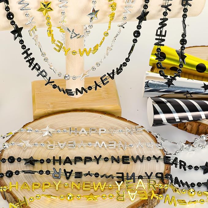48PCS New Years Necklace, 3 Kinds New Years Eve Bead Necklaces Party Supplies 2026 Bulk, HAPPY NEW YEAR Star Necklace Accessories, Black Gold Silver Bead Necklace 2026 for New Year Party Decorations