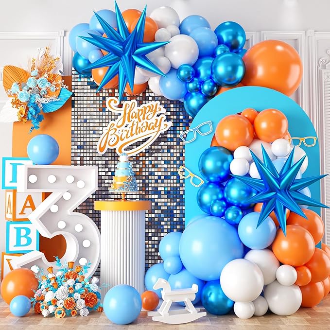 Orange and Blue Balloon Garland Arch kit,Orange Blue White Balloons With Star Foil Balloons for Birthday Decoration Wedding Baby Shower Engagement DIY Decoration Party Supplies