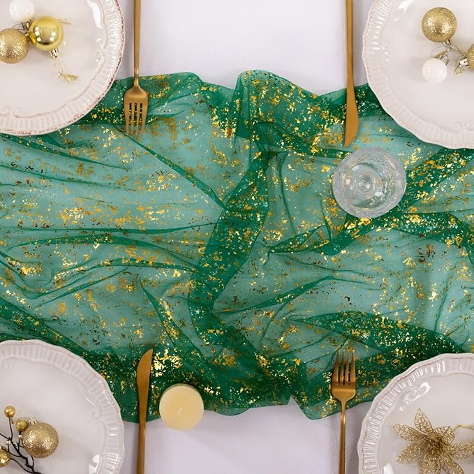 Socomi Christmas Table Runner Gold Gauze Sheer Chiffon Cheesecloth Sequin 10FT Glitter Metallic Foil Dining Wedding Birthday Party Anniversary Holiday Centerpiece Table Decor Emerald Green