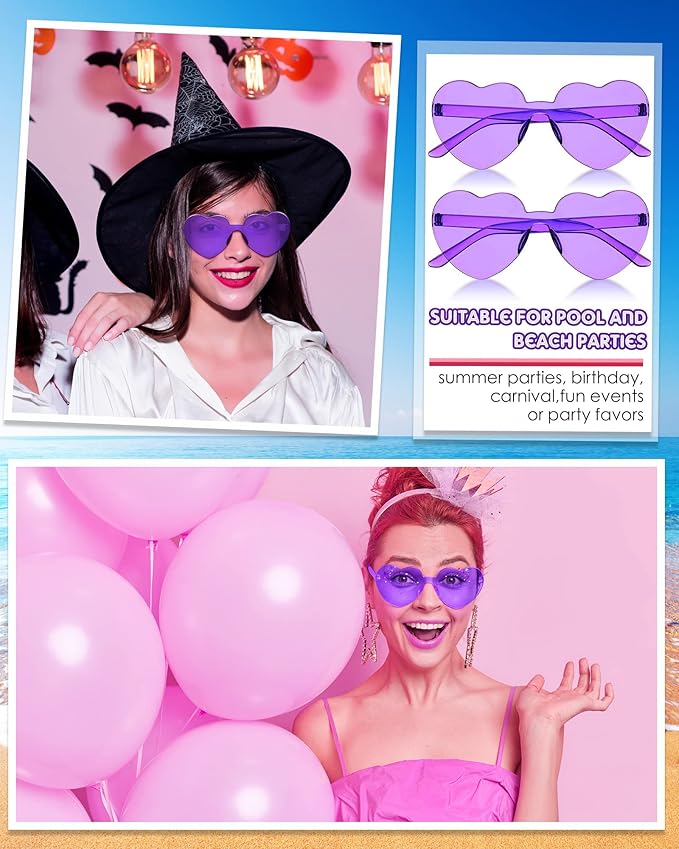 Frienda 8 Pairs Heart Shaped Sunglasses for Women Rimless Heart Glasses Candy Color Sunglasses for Party Favor