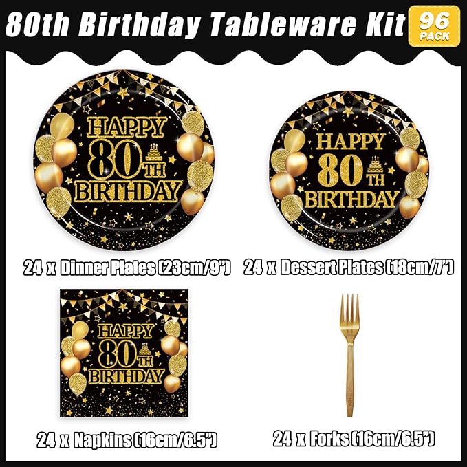 96Pcs 80th Birthday Party Tableware Set, Back in 1946 Birthday Party Decorations Supplies for Men Women Cheers to 80 Years Disposable Paper Plates Napkins Forks Favors, Serve 24