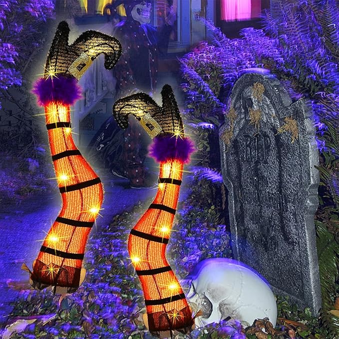 Juegoal Set of 2 Halloween Lighted Wicked Orange Witch Legs with Stakes, 22" Light Up Tinsel Halloween Yard Sign Prop Timer & 8 Modes, Battery Operated for Outdoor Party Haunted House Garden Decor