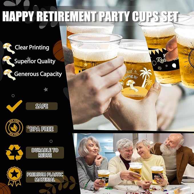 Retirement Party Decoration Cups, 100pcs 16 Oz Plastic Clear Drinking Cups for Retirement Party Supplies Favors Women Men Snack Cup Bulk