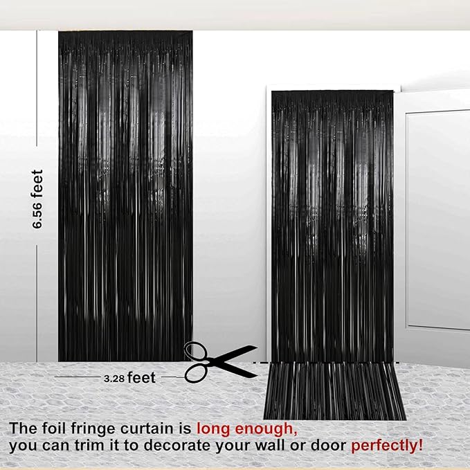 2 Pack 3.28 ft x 6.56 ft Black Tinsel Curtain Party Backdrop Decorations, Metallic Foil Fringe Backdrop Door for Halloween, Christmas, Birthday Graduation Wedding Party Streamers Photo Backdrop.